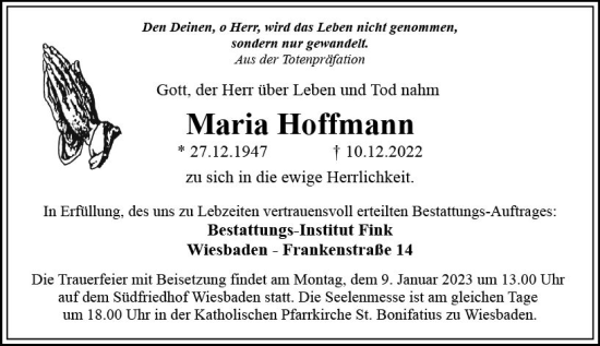 Traueranzeige von Maria Hoffmann von vrm-trauer Wiesbadener Kurier