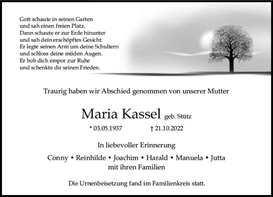 Traueranzeige von Maria Kassel von vrm-trauer AZ Mainz