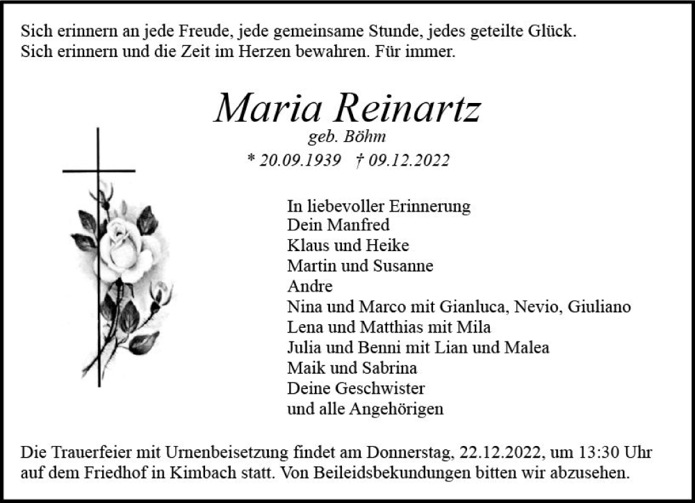  Traueranzeige für Maria Reinartz vom 17.12.2022 aus vrm-trauer Odenwälder Echo