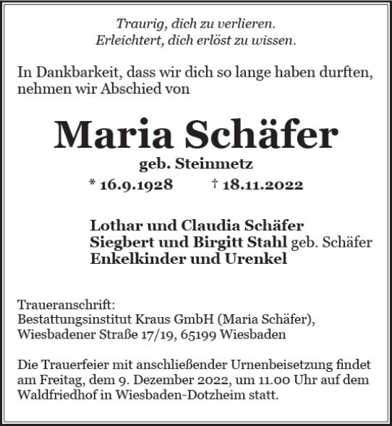 Traueranzeige von Maria Schäfer von vrm-trauer Wiesbadener Kurier