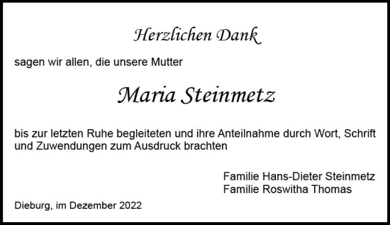 Traueranzeige von Maria Steinmetz von vrm-trauer DieburgerAnzeiger/Groß-Zimmerner Lokala