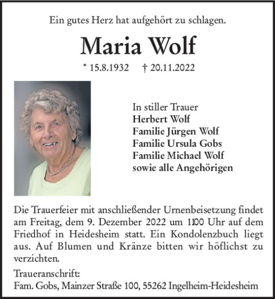Traueranzeige von Maria Wolf von vrm-trauer Allgemeine  Zeitung Ingelheim-Bingen