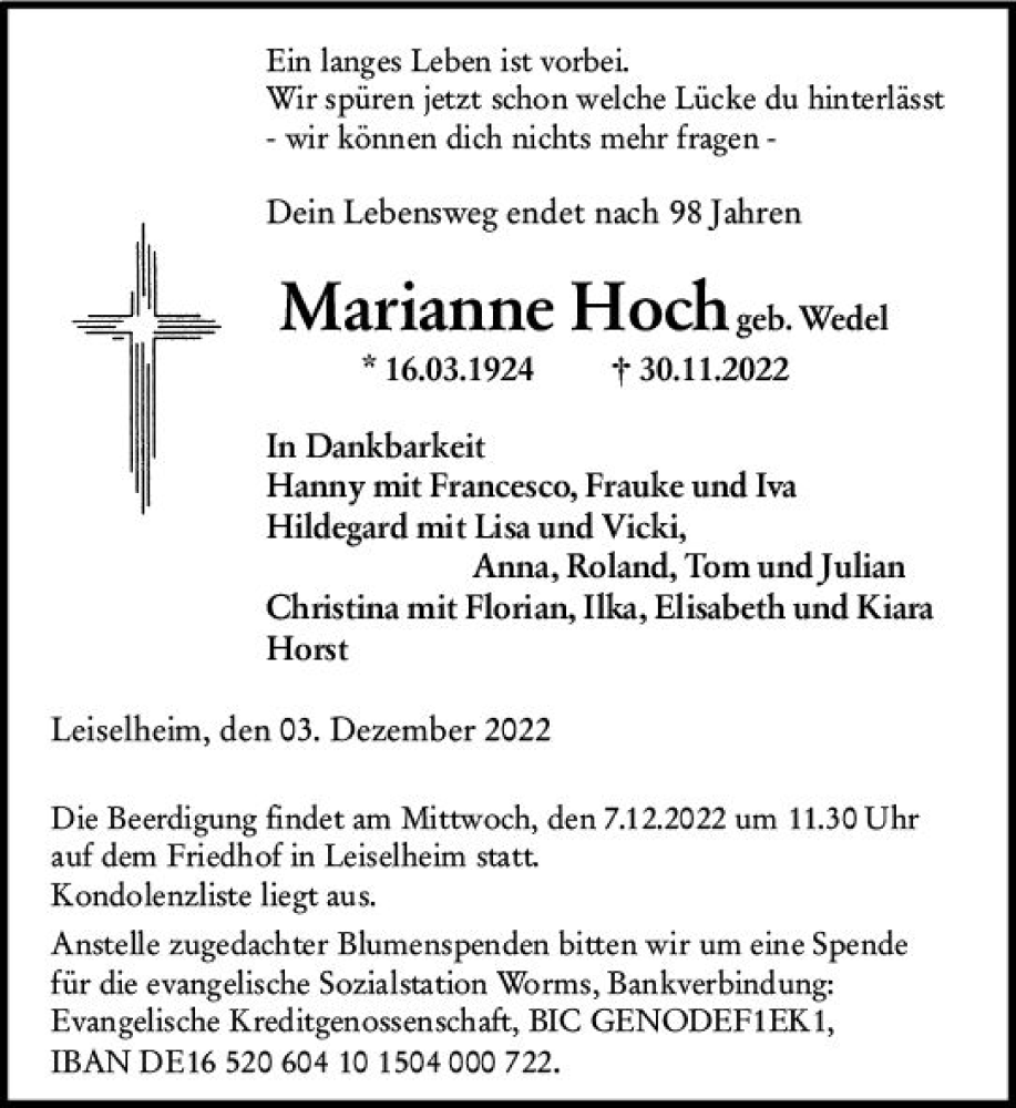  Traueranzeige für Marianne Hoch vom 03.12.2022 aus vrm-trauer Wormser Zeitung