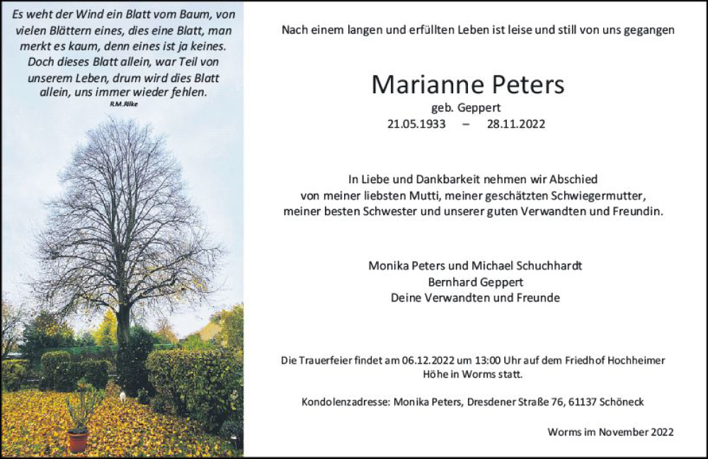  Traueranzeige für Marianne Peters vom 03.12.2022 aus vrm-trauer Wormser Zeitung
