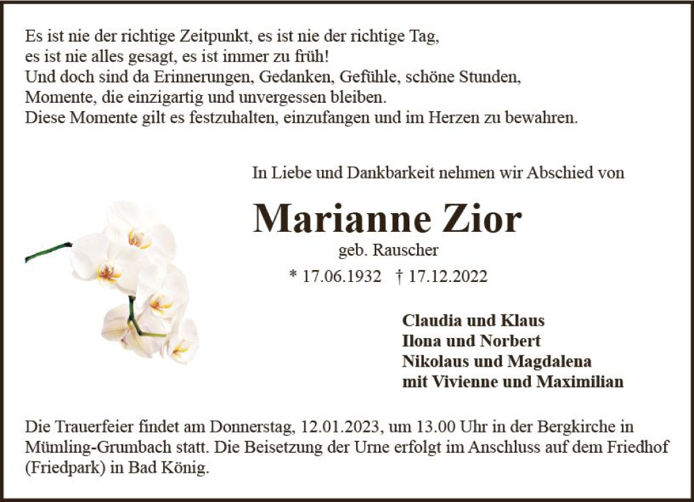  Traueranzeige für Marianne Zior vom 24.12.2022 aus vrm-trauer Odenwälder Echo
