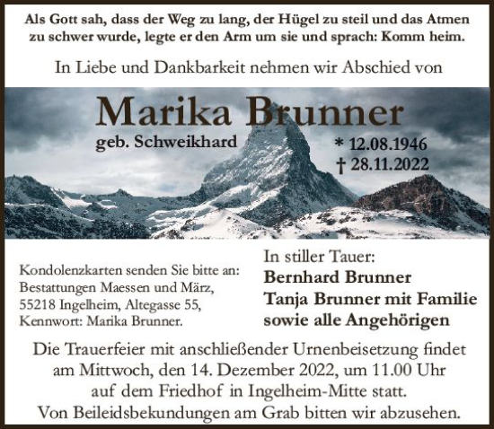 Traueranzeige von Marika Brunner von vrm-trauer Allgemeine  Zeitung Ingelheim-Bingen