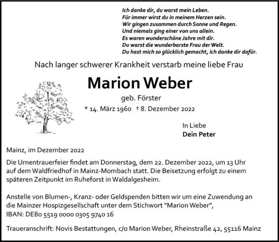 Traueranzeige von Marion Weber von vrm-trauer AZ Mainz