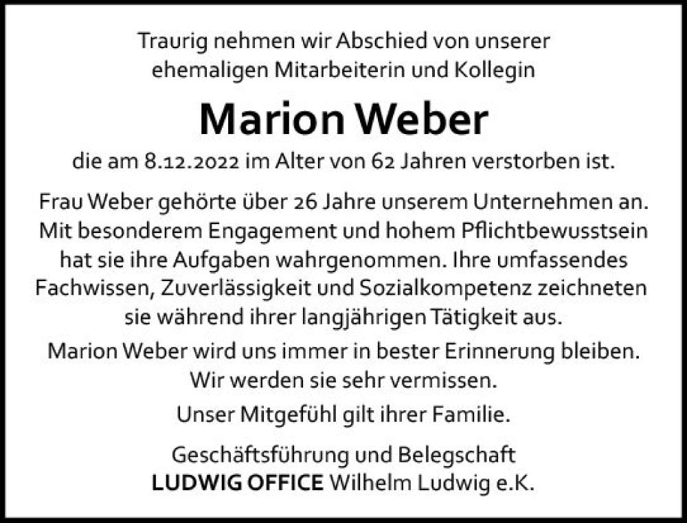  Traueranzeige für Marion Weber vom 17.12.2022 aus vrm-trauer AZ Mainz