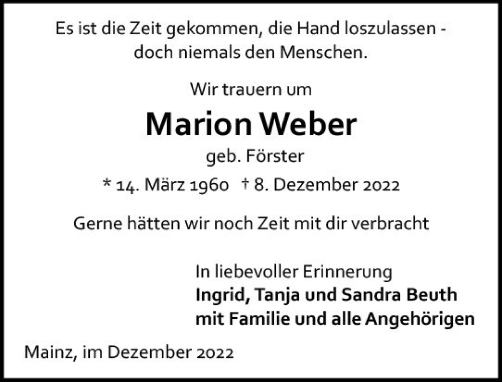  Traueranzeige für Marion Weber vom 17.12.2022 aus vrm-trauer AZ Mainz