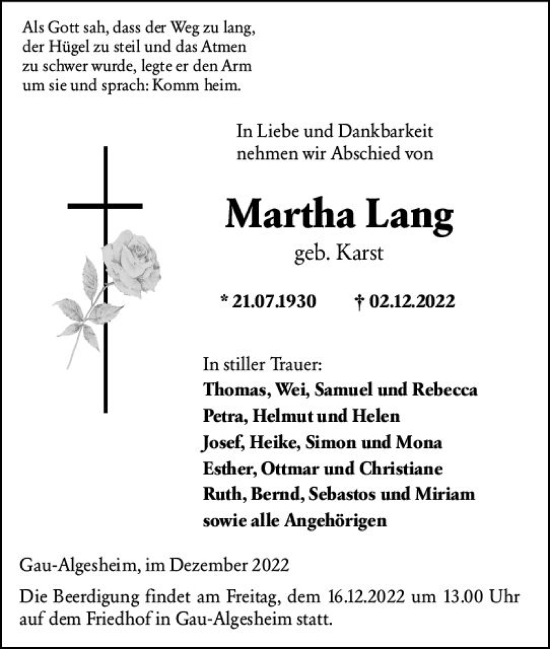 Traueranzeige von Martha Lang von vrm-trauer Allgemeine  Zeitung Ingelheim-Bingen