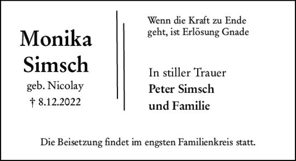  Traueranzeige für Monika Simsch vom 17.12.2022 aus vrm-trauer Wiesbadener Kurier