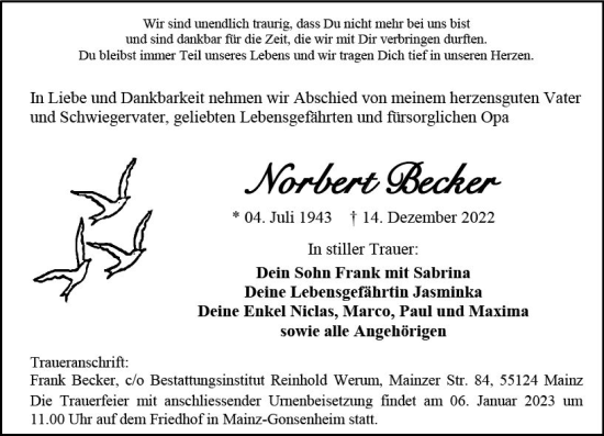 Traueranzeige von Norbert Becker von vrm-trauer AZ Mainz