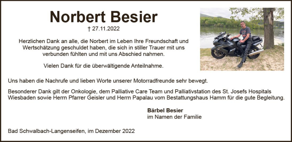  Traueranzeige für Norbert Besier vom 17.12.2022 aus vrm-trauer WK-UTA