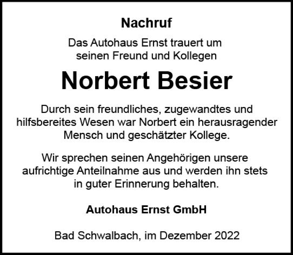  Traueranzeige für Norbert Besier vom 17.12.2022 aus vrm-trauer WK-UTA