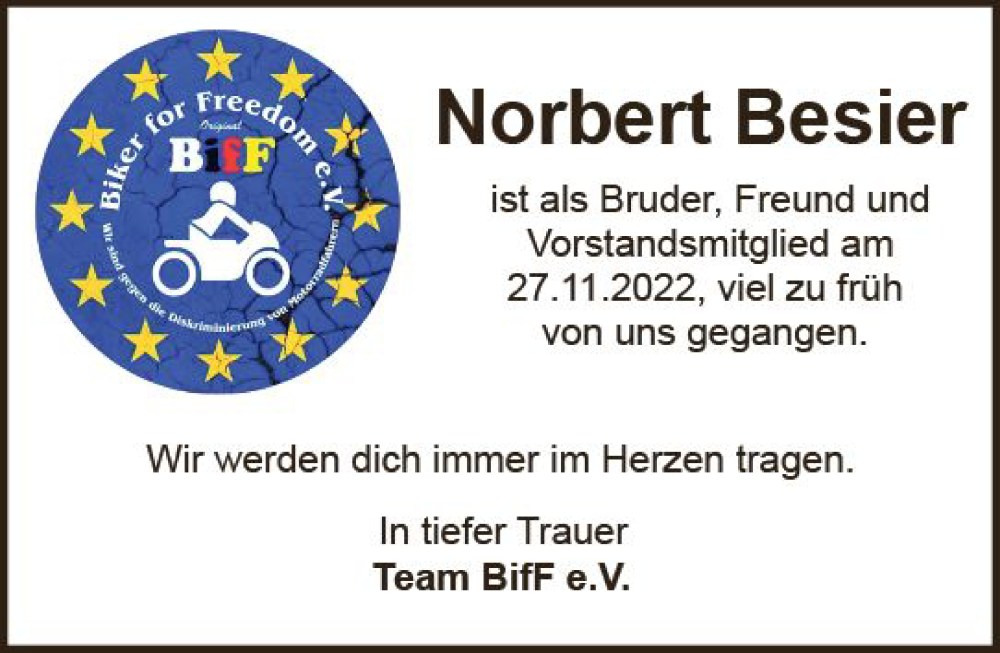  Traueranzeige für Norbert Besier vom 03.12.2022 aus vrm-trauer WK-UTA