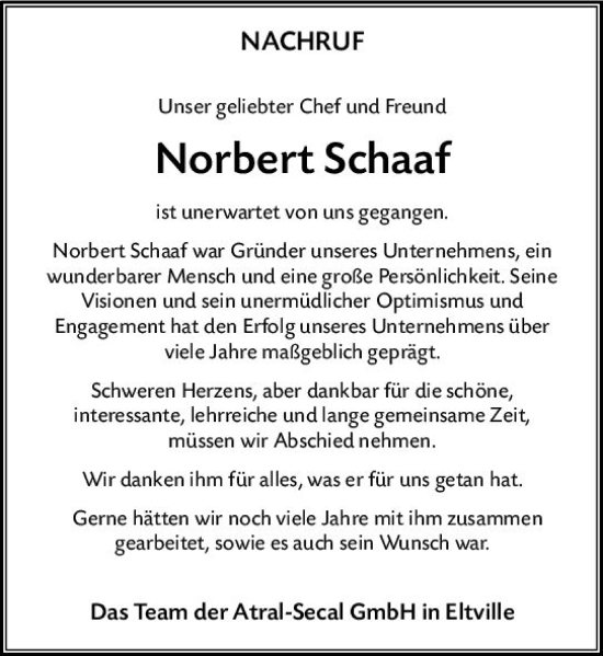Traueranzeige von Norbert Schaaf von vrm-trauer Wiesbadener Kurier