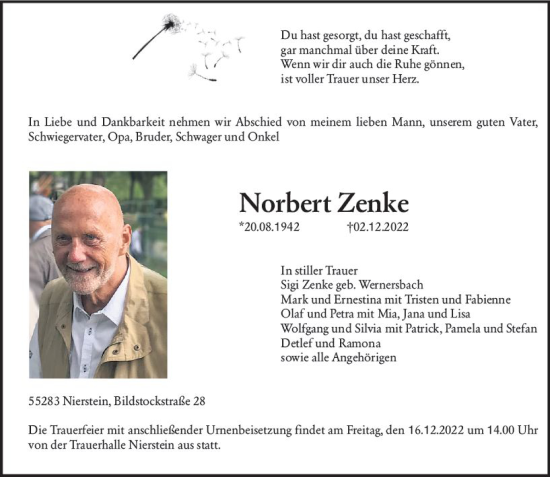 Traueranzeige von Norbert Zenke von vrm-trauer AZ Mainz
