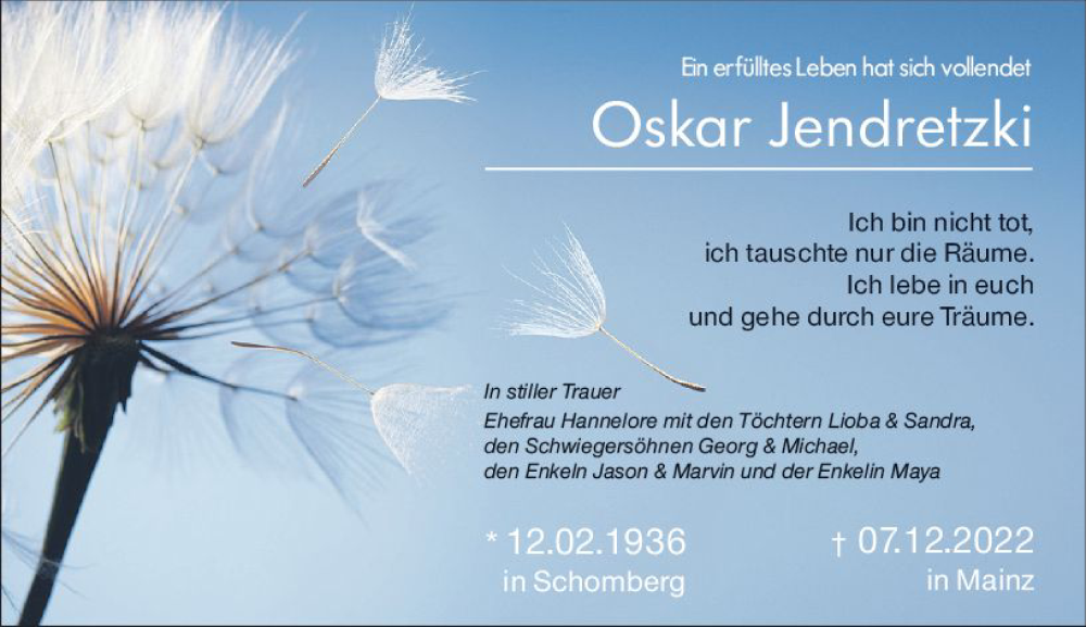  Traueranzeige für Oskar Jendretzki vom 21.12.2022 aus vrm-trauer AZ Mainz