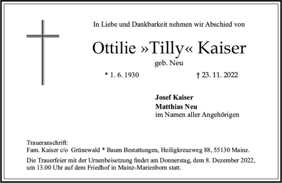 Traueranzeige von Ottilie Kaiser von vrm-trauer AZ Mainz