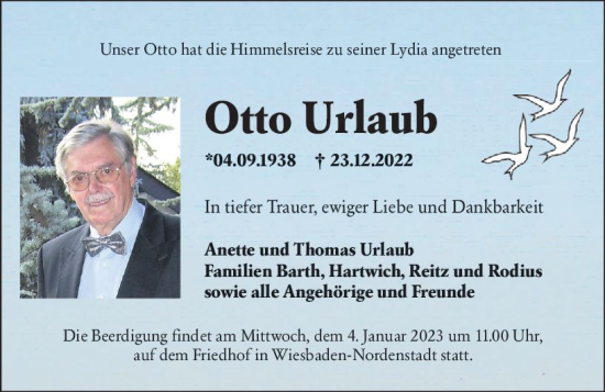 Traueranzeige von Otto Urlaub von vrm-trauer Wiesbadener Kurier