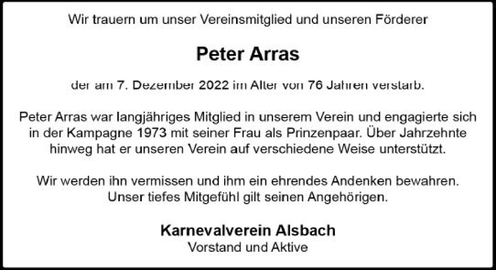  Traueranzeige für Peter Arras vom 17.12.2022 aus vrm-trauer Darmstädter Echo