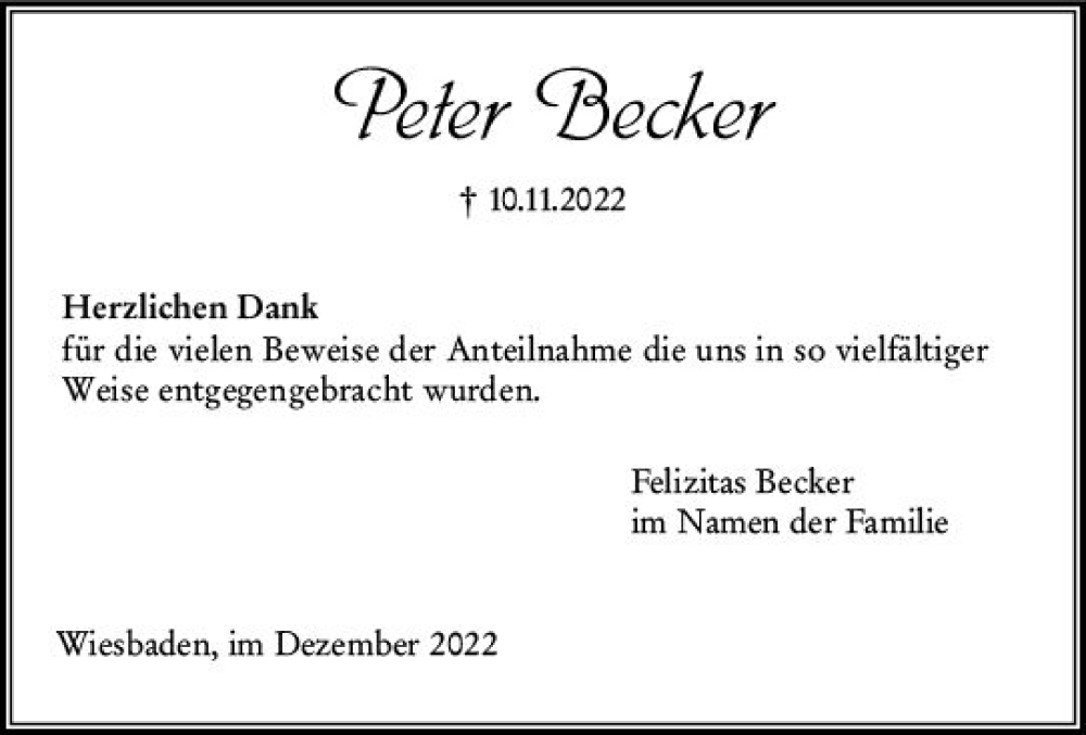  Traueranzeige für Peter Becker vom 10.12.2022 aus vrm-trauer Wiesbadener Kurier