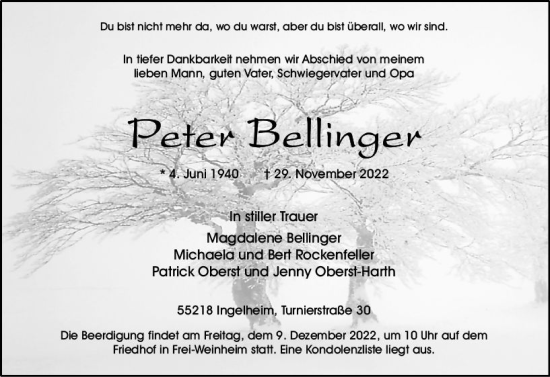 Traueranzeige von Peter Bellinger von vrm-trauer Allgemeine  Zeitung Ingelheim-Bingen