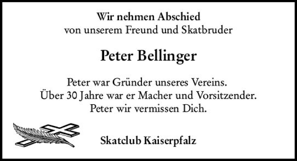  Traueranzeige für Peter Bellinger vom 07.12.2022 aus vrm-trauer Allgemeine  Zeitung Ingelheim-Bingen