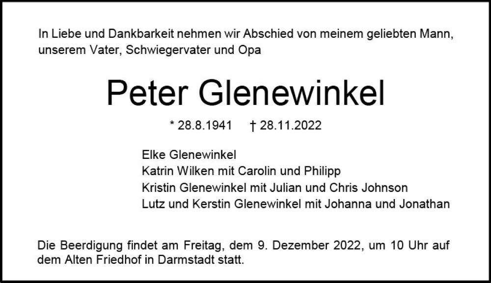  Traueranzeige für Peter Glenewinkel vom 03.12.2022 aus vrm-trauer Darmstädter Echo