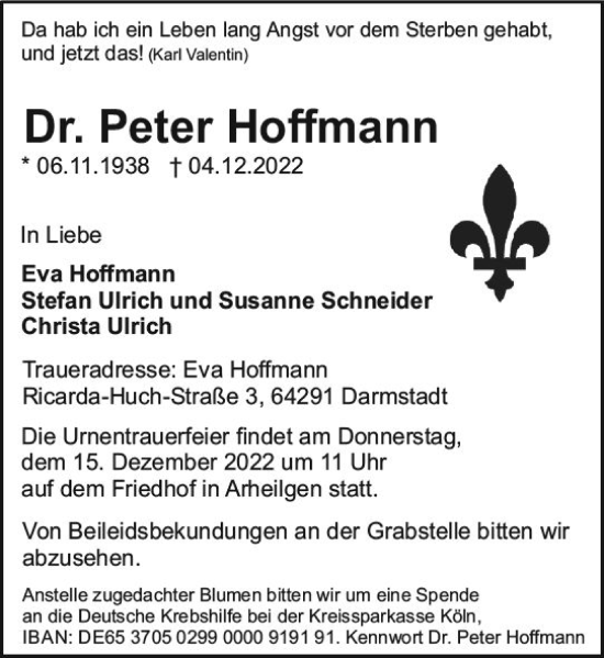 Traueranzeige von Peter Hoffmann von vrm-trauer Darmstädter Echo