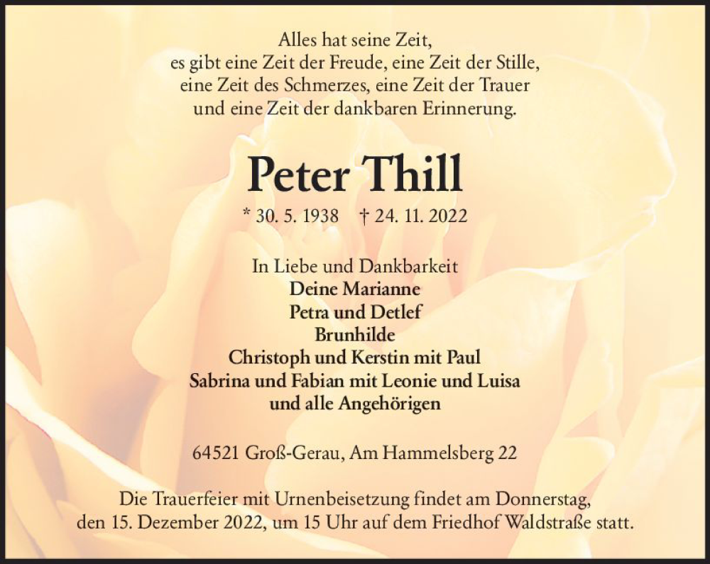  Traueranzeige für Peter Thill vom 10.12.2022 aus vrm-trauer Groß-Gerauer Echo