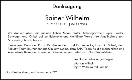 Traueranzeige von Rainer Wilhelm von vrm-trauer AZ Mainz