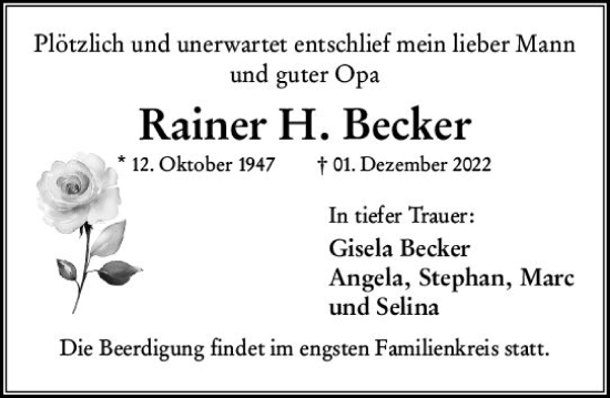 Traueranzeige von Rainer H. Becker von vrm-trauer Wiesbadener Kurier