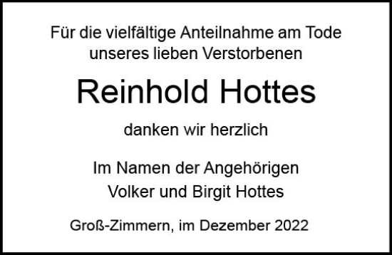Traueranzeige von Reinhold Hottes von vrm-trauer DieburgerAnzeiger/Groß-Zimmerner Lokala