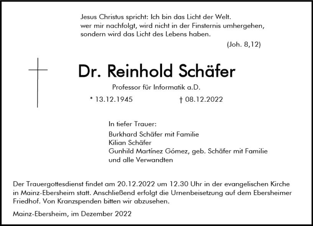  Traueranzeige für Reinhold Schäfer vom 17.12.2022 aus vrm-trauer AZ Mainz