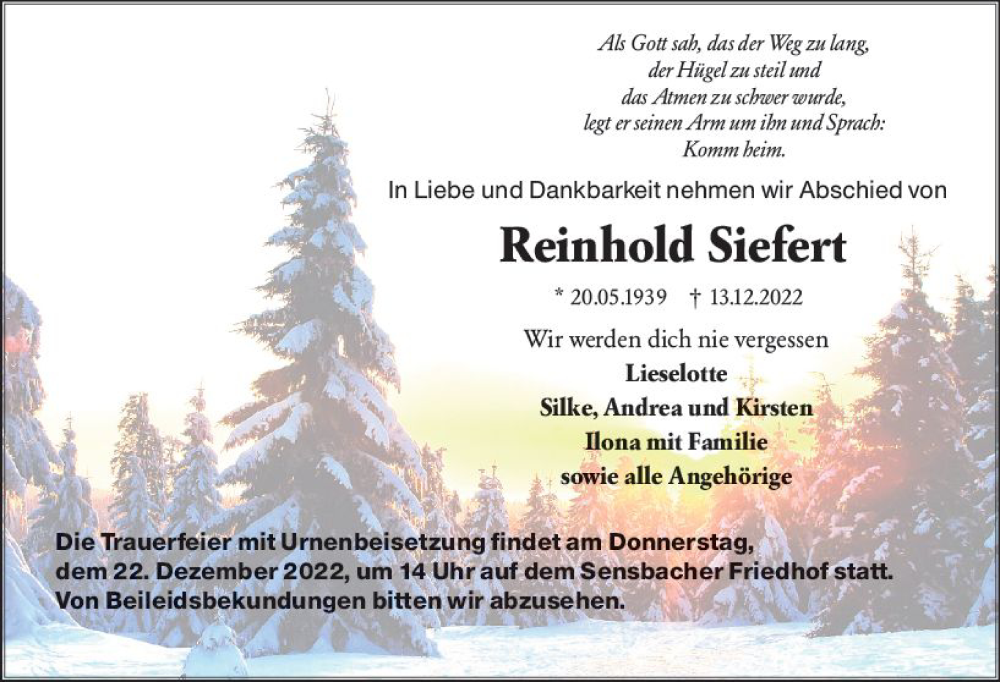  Traueranzeige für Reinhold Siefert vom 17.12.2022 aus vrm-trauer Odenwälder Echo