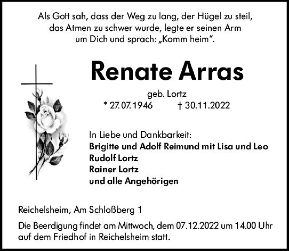  Traueranzeige für Renate Arras vom 03.12.2022 aus vrm-trauer Odenwälder Echo