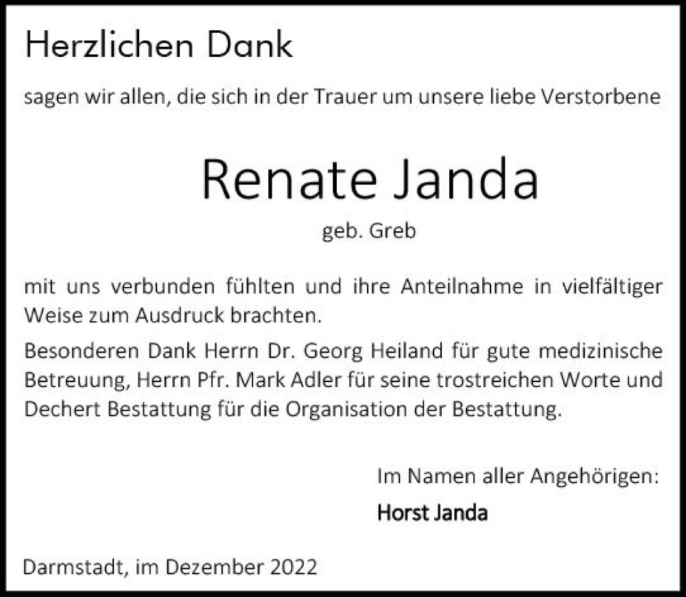  Traueranzeige für Renate Janda vom 24.12.2022 aus vrm-trauer Darmstädter Echo