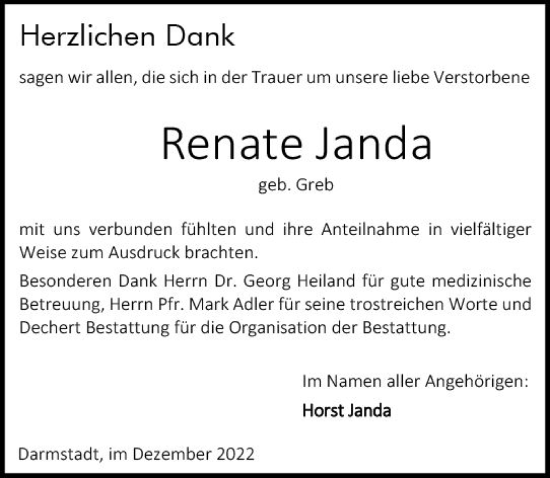 Traueranzeige von Renate Janda von vrm-trauer Darmstädter Echo