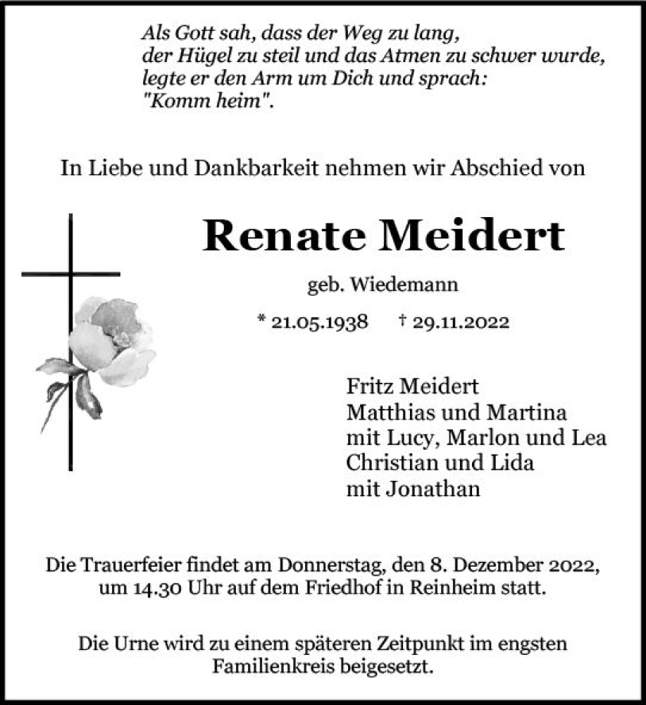  Traueranzeige für Renate Meidert vom 03.12.2022 aus vrm-trauer Darmstädter Echo