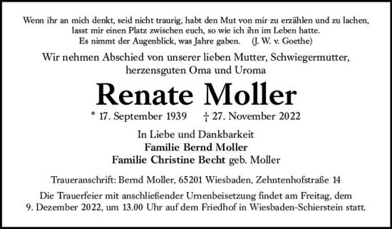 Traueranzeige von Renate Moller von vrm-trauer Wiesbadener Kurier