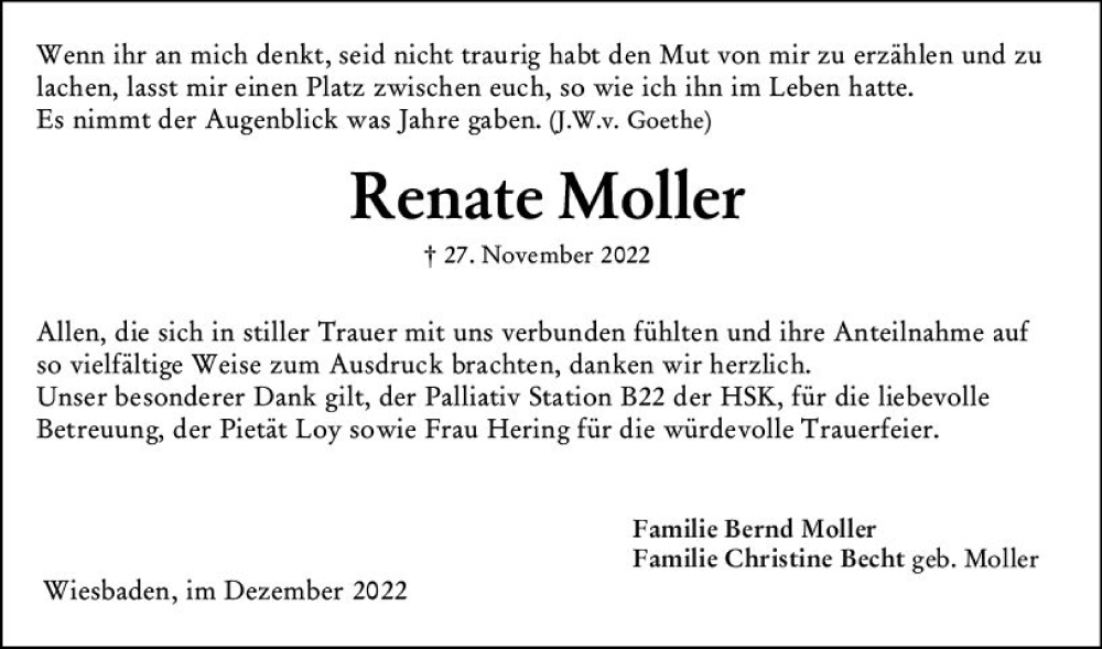  Traueranzeige für Renate Moller vom 31.12.2022 aus vrm-trauer Wiesbadener Kurier