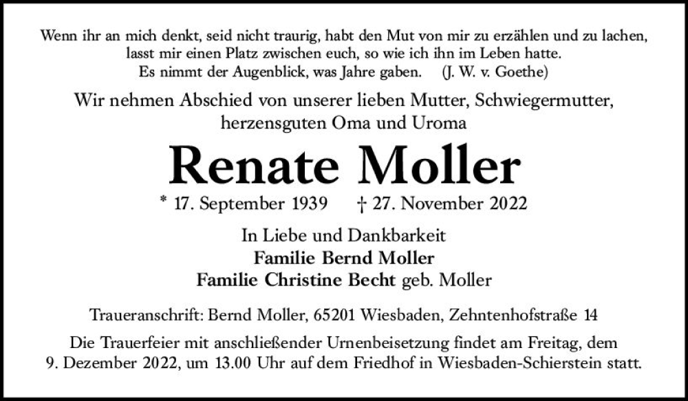  Traueranzeige für Renate Moller vom 03.12.2022 aus vrm-trauer Wiesbadener Kurier