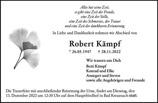Traueranzeige von Robert Kämpf von vrm-trauer Allg. Zeitung Bad Kreuznach