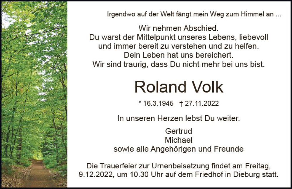  Traueranzeige für Roland Volk vom 03.12.2022 aus vrm-trauer DieburgerAnzeiger/Groß-Zimmerner Lokala