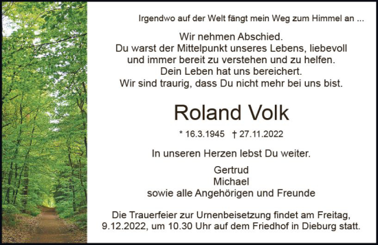 Traueranzeige von Roland Volk von vrm-trauer DieburgerAnzeiger/Groß-Zimmerner Lokala
