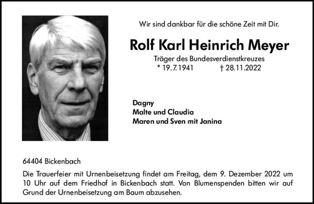  Traueranzeige für Rolf Karl Heinrich Meyer vom 03.12.2022 aus vrm-trauer Darmstädter Echo