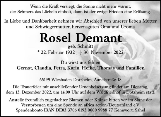 Traueranzeige von Rosel Deman von vrm-trauer Wiesbadener Kurier