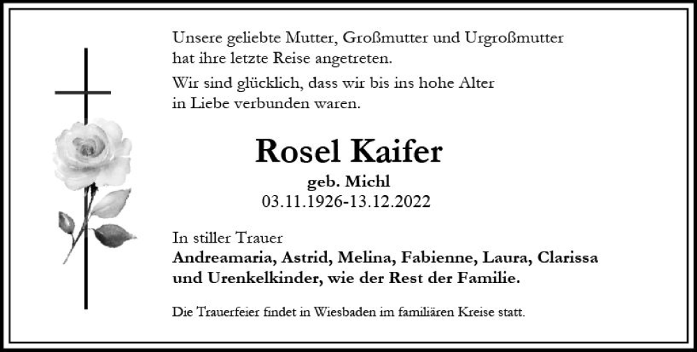  Traueranzeige für Rosel Kaifer vom 17.12.2022 aus vrm-trauer Wiesbadener Kurier