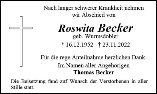 Traueranzeige von Roswita Becker von vrm-trauer AZ Mainz
